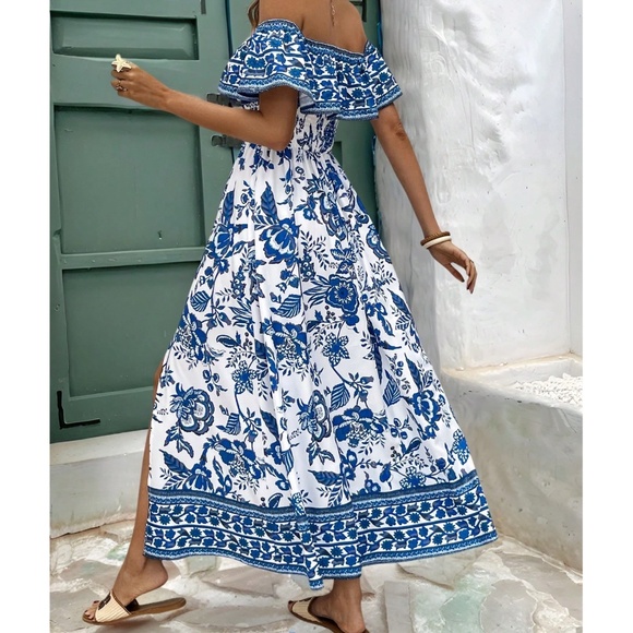 Boho Floral Print Ruffle Off Shoulder Split Thigh Maxi Dress - Picture 6 of 7